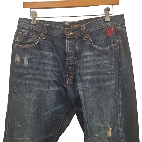 Ed Hardy Love Kills Slowly Embroidered Jeans W36 L34 Rare Distressed Denim Bling - Picture 3 of 8